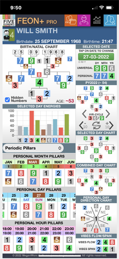 EON Chart of Will Smith showing Double-Effect DE on Birth-Year charts, and Universal/Personal Pillars. Elements of Numbers